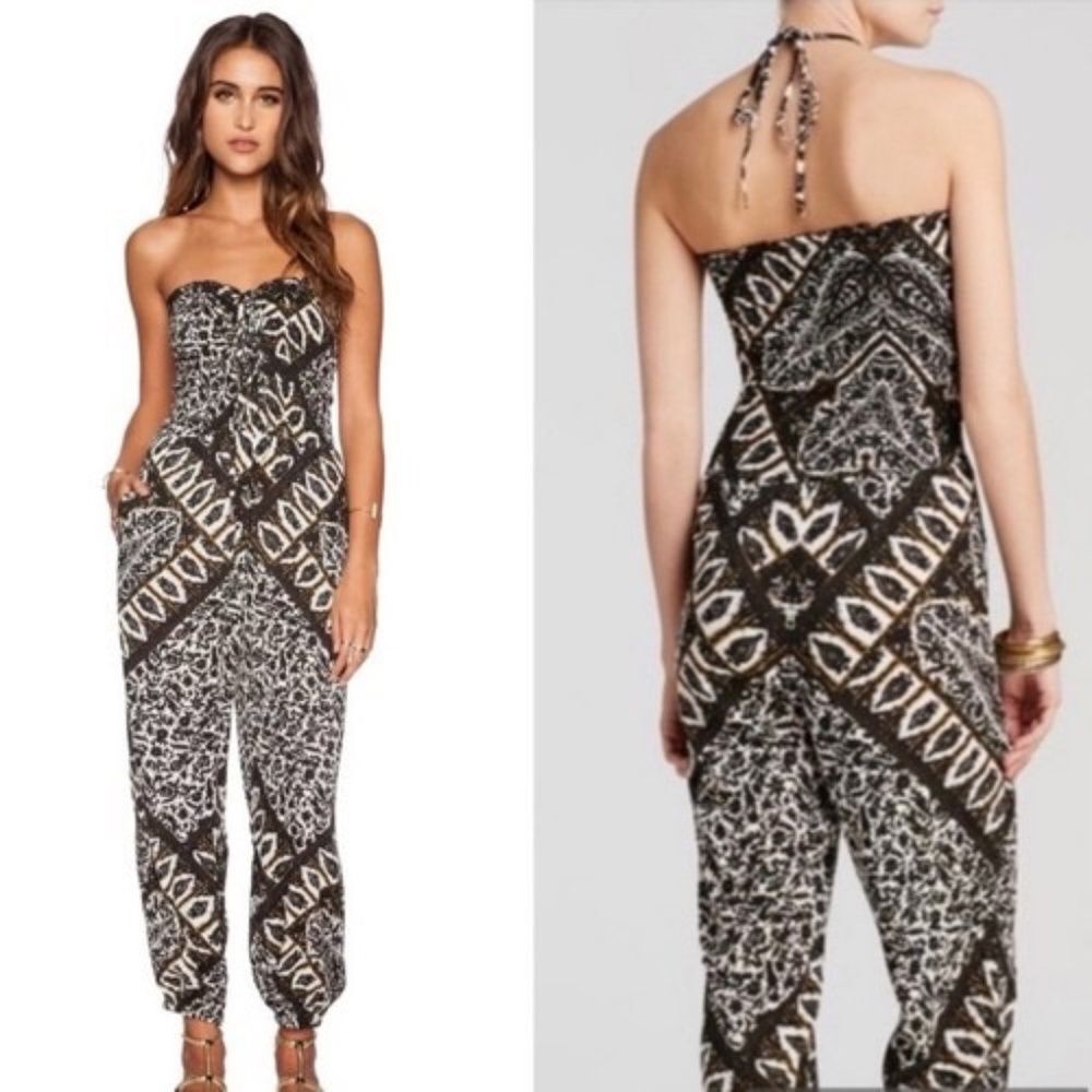 Free People Balloon Gauzy Women's Smocked Bodice Halter Tie Jumpsuit Sz XS